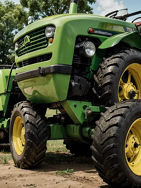 A green yellow and red tractor John Deere 370RT #agriculture #Lexion670with a white cab is driving through a field of wheat. It is unloading the wheat into a red trailer. The tractor is leaving a trail of straw behind it. The wheat field is surrounded by a...