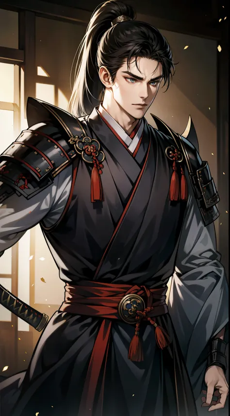 The Second Dimension，Anime style，one person（Male Warrior），Correct proportions，Facial details，swordsman，High Ponytail Hairstyle，Neck details，（Active attention），（在黑暗的night：1），（Best quality），（honest：1），Record，Realistic skin texture，Very detailed，8k wallpaper，...