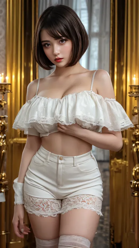 Perfect dynamic composition,(High quality with details, Eye realistic depiction: 1.3),Beauty,Young woman aged 20,Short hair,(Bob cut),Red off-shoulder,T-shirt,Hot pants,Lacy knee-high socks,Posing in an Art Deco room,Standing,(Huge breasts),Large,Natural l...