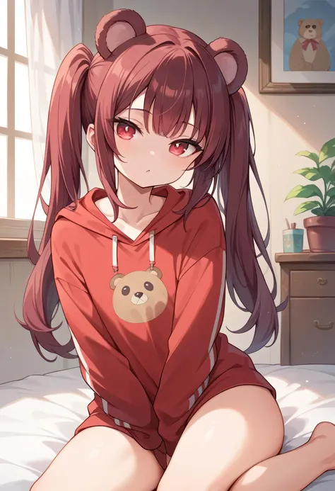 (masterpiece), best quality, expressive eyes, perfect face, 1 cute small girl , dark brown hair, straight hair, straight bangs, twintails,, bear ears, big round bright crimson eyes, flat chest, red sweatshirt, sexy legs, on her room