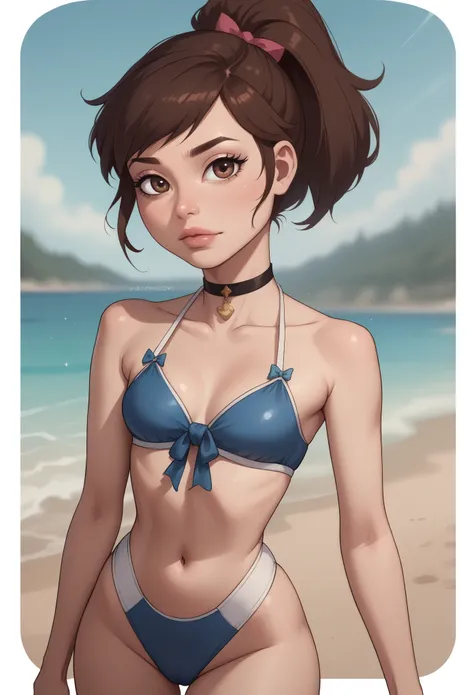 Princess Marco. brown eyes, brown hair, ponytail. small saggy breasts. slim body. choker. bow. swimsuit. beach. (best quality, photorealistic, 1girl, solo, looking at viewer, , depth of field, (watercolor illustration, soft pastel colors:1.1), realistic,)