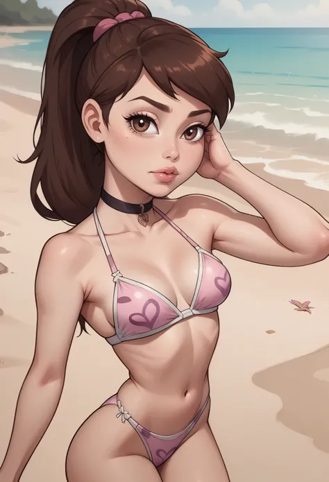 Princess Marco. brown eyes, brown hair, ponytail. small saggy breasts. slim body. choker. bow. swimsuit. beach. (best quality, photorealistic, 1girl, solo, looking at viewer, , depth of field, (watercolor illustration, soft pastel colors:1.1), realistic,)