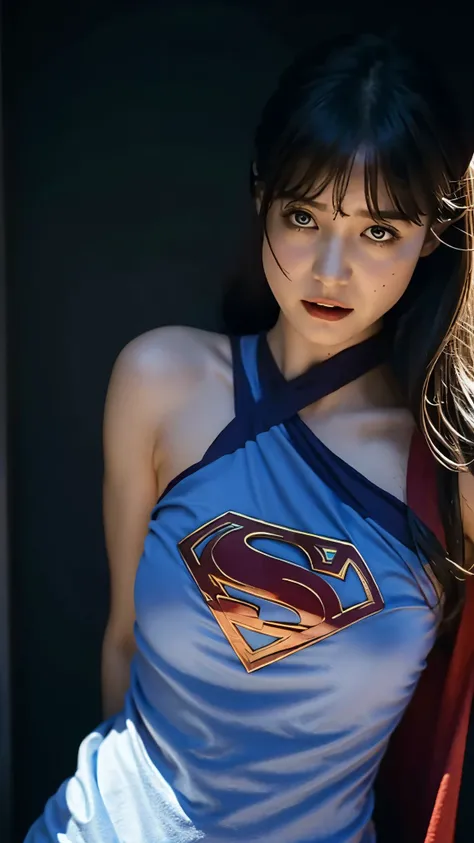 Supergirl, Beautiful Supergirl, 2, Height : 152 CM, Supergirl Trapped in the rubble of a destroyed building burning hot fire, midday, supergirl tanktop costume, hair tied, hair bangs, Supergirl was sweating profusely, Supergirl had wet sweat on her chest, ...