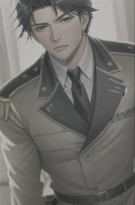 Hector Fay, Ultra high quality cg, Solitary, Looking at the audience, Open your mouth, Sweating, Wet, Drooling, Gloves, 1 man, Upper body, Male focus, tie，shirt， military uniform