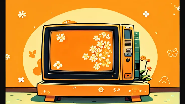 Orange CRT TV, 16 inches, Showa era, cheap, cute floral pattern, homey feel, dial-type channels, no background