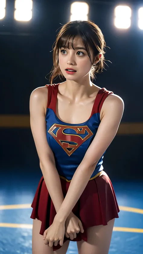 Supergirl, Beautiful Supergirl, 2, Height : 152 CM, Supergirl in sumo arena, midday, supergirl tanktop costume, hair tied, hair bangs, Supergirl was sweating profusely, Supergirl had wet sweat on her chest, Supergirl had wet sweat on her head, Supergirl is...