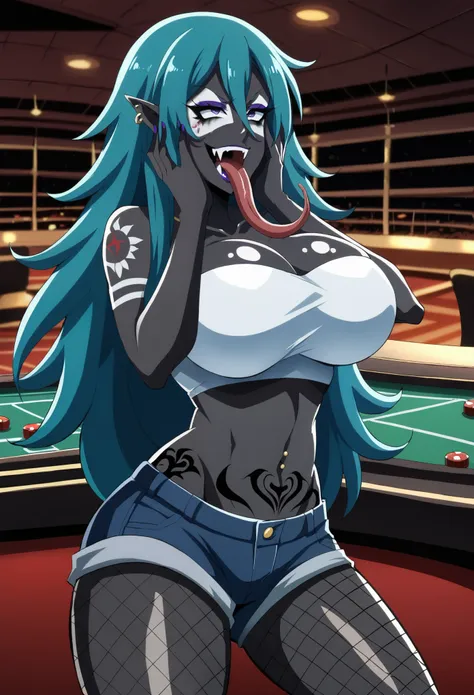 score_9, score_8_up, score_7_up, 1girl, milf, yamanba, (colored skin, jet-black skin:1.8), sylvia, (huge breasts:1.6), ((aqua ha...