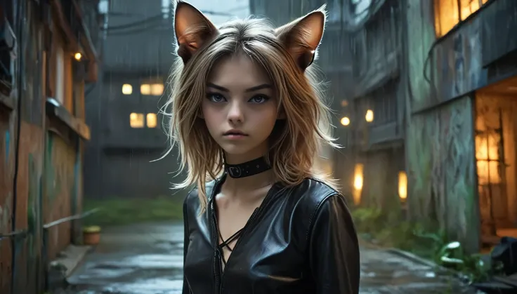 ((((barely legal girl, with cat ears and choker, in leather crop shirt with revealing and plunging cleavage)))), ((small perky b...