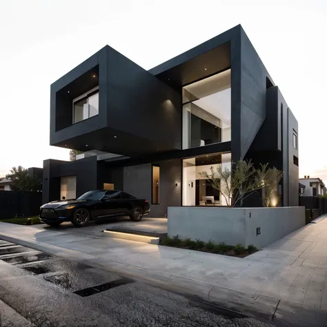 arafed modern house with a car parked in front of it, great architecture, arhitectural shot, luxury architecture, bold architecture, realistic architecture, stunning architecture, modern architecture, architectural shot, black house, dark and modern, ultra...