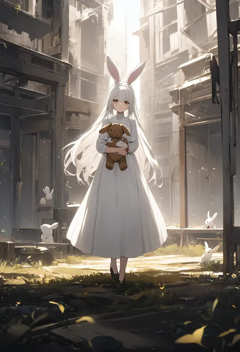 White hair, rabbit ears and a white rabbit, a woman with black and gold eyes, a white dress, holding an old teddy bear, standing in an open area.