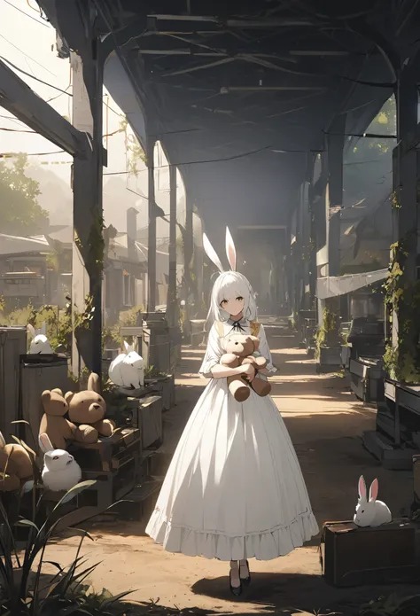 White hair, rabbit ears and a white rabbit, a woman with black and gold eyes, a white dress, holding an old teddy bear, standing in an open area.