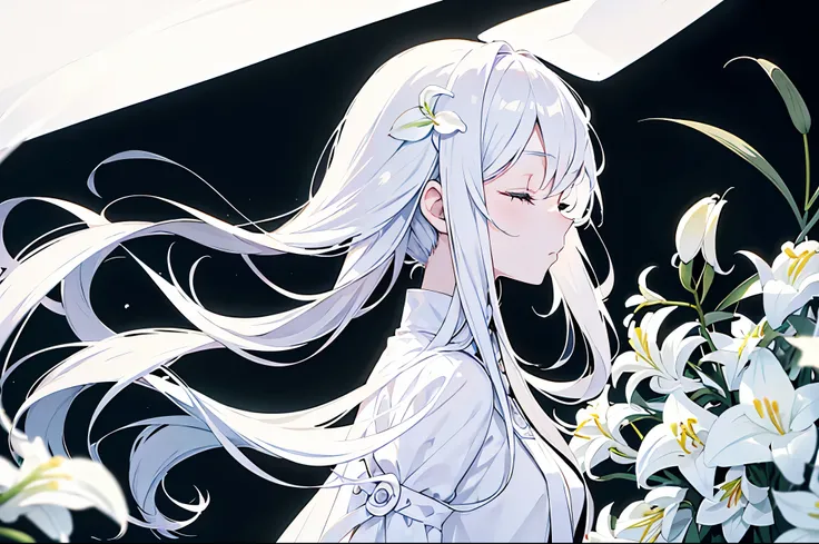 1fake-girl(petite,white long-hair,closing eyes,wearing lilies),cinematic angle,simple background(white),{rough sketch},masterpiece,