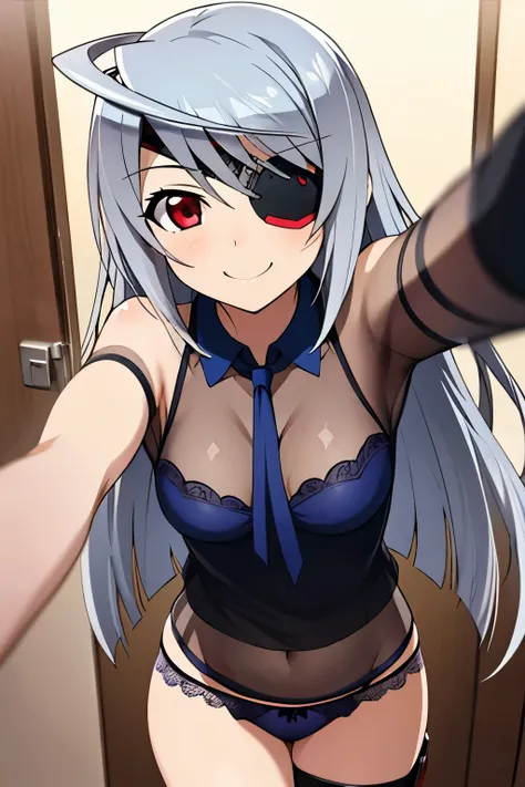 smile, see-through panties,selfie,silver hair,eye patch,red eyes,long hair