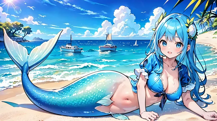 (masterpiece,Best quality),(Full fingers),A woman,Mermaid,Blue Shirt,White short sleeve,Large Breasts,藍色的Mermaid尾巴,Full body photo,beach,Sea view,Lying on the beach,charming脸(Kawaii, charming,Soft)