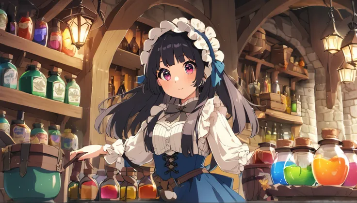 Cute side tail girl, Mysterious, Medieval European style shop, Colorful potions