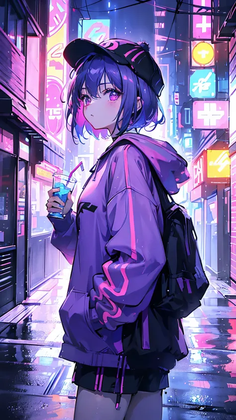 ((masterpiece)), masterpiece, 4K , wearing cyber style cap, light blue neon lined hat, one girl, side view, neon purple short hair, puzzled expression, beautiful pink and purple pupils, wearing black hoodie with white t-shirt inside, hoodie is reflecting n...