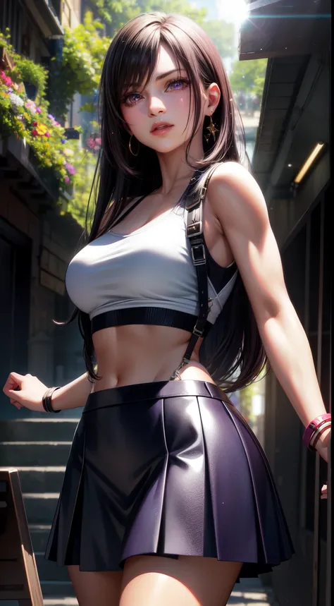 Tifa, Realistic, One Girl, Purple eyes, Sparkling Eyes Crop Top, skirt, Open Lips Night, flower, sun, sunlight, Best Quality, 8k,