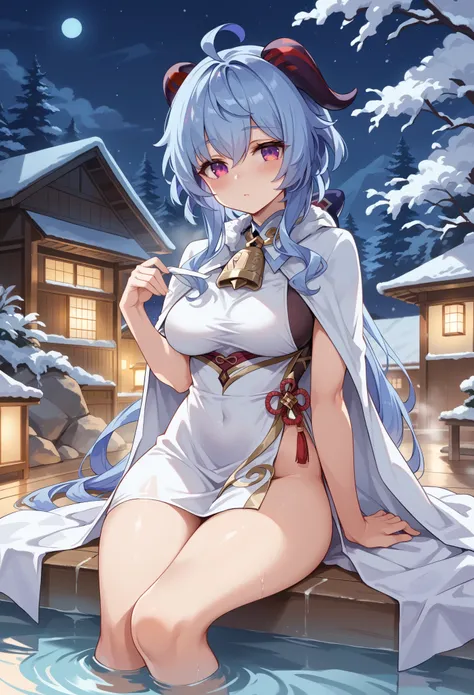 masterpiece,high resolution,Anime Art,Anime Numbers, 4k anime wallpaper,Soft lighting,Original God Ganyu,White gauze dress,White Cape,Hot spring pool,Sitting,Leg lift,blush,Horns on the head,Blue Hair,Gradient eyes,Squinting,Night Sky,Winter Snow