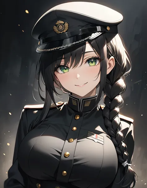 Long black braided hair, green eyes, black military dress cap, black military uniform, large breasts, gentle smile, dark atmosphere.