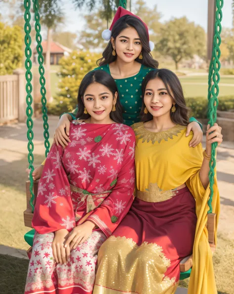 three women sitting on a swing in a park, assamese aesthetic, beautiful girls, profile pic, with beautiful colors, wearing bihu ...