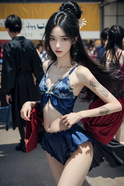 Beautiful girl,Japanese idol,(wearing cute kimono: 1.3),short length, (bangs: 1.2), (coloring),(kunoichi ninnjya fighter in fighting position),(tattoos all over body, 20% of body covered in Japanese tattoos: 1.4),masterpiece, perfect lighting, ultra high r...