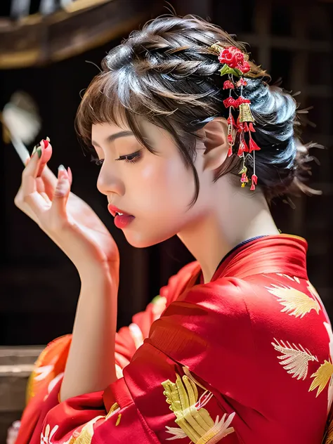 One Girl,The girl is standing with her eyes closed,profile,The angle is from the side, showing the girl from her head to her knees.(kimono, 黒いkimono, Floral, プリントkimono,),The background is a midnight shrine,(RAW Photos, Best Quality), (Realistic, Photoreal...