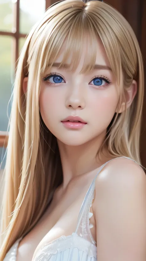 Best Quality、masterpiece、(Realistic:1.4)、One very beautiful blonde girl、Dazzlingly long blonde hair、Beautiful bangs、、Very beautiful, large, shining, extremely bright light blue eyes、front、Very cute baby face with detailed face、Beautiful very light eyes、Sma...