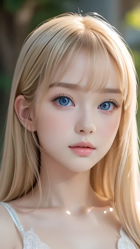 Best Quality、masterpiece、(Realistic:1.4)、One very beautiful blonde girl、Dazzlingly long blonde hair、Beautiful bangs、、Very beautiful, large, shining, extremely bright light blue eyes、front、Very cute baby face with detailed face、Beautiful very light eyes、Sma...