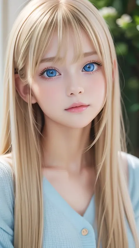 Best Quality、masterpiece、(Realistic:1.4)、One very beautiful blonde girl、Dazzlingly long blonde hair、Beautiful bangs、、Very beautiful, large, shining, extremely bright light blue eyes、front、Very cute baby face with detailed face、Beautiful very light eyes、Sma...