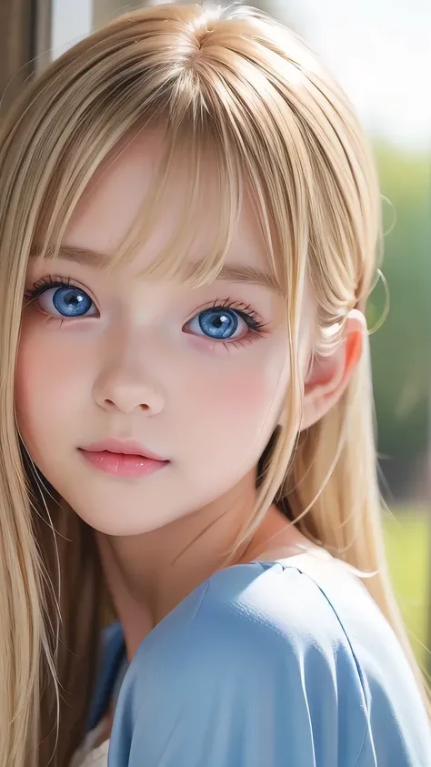 Best Quality、masterpiece、(Realistic:1.4)、One very beautiful blonde girl、Dazzlingly long blonde hair、Beautiful bangs、、Very beautiful, large, shining, extremely bright light blue eyes、front、Very cute baby face with detailed face、Beautiful very light eyes、Sma...