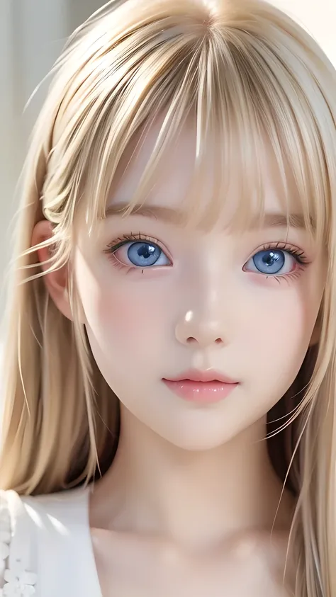 Best Quality、masterpiece、(Realistic:1.4)、One very beautiful blonde girl、Dazzlingly long blonde hair、Beautiful bangs、、Very beautiful, large, shining, extremely bright light blue eyes、front、Very cute baby face with detailed face、Beautiful very light eyes、Sma...