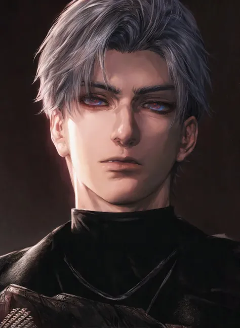 Anime handsome man wearing a black shirt and sitting on a red sofa,adult,dynamic pose，Handsome anime style，e red eyes，High Quality Anime Portraits,((detailed eyes,beautiful face)), cyberpunk background, white hair