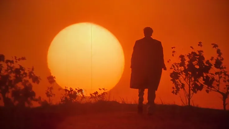 Arafud image of a man standing in front of the sun, Roger Deakins style, andrei tarkovsky scene, inspired author：Roger Deakins, cinematography roger deakins, Photography by Roger Deakins, author：Roger Deakins, tarkovsky greatest scene, tarkovsky scene, Ope...