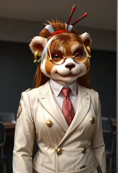 score_9, score_8_up, score_7_up, score_6_up, score_5_up, score_4_up, 1girl, breasts, furry, animal ears, brown hair, brown eyes, earrings, jewelry, hair ornament, glasses, hair stick, double-breasted suits, three-piece suit, cream waistcoat, open jacket, d...
