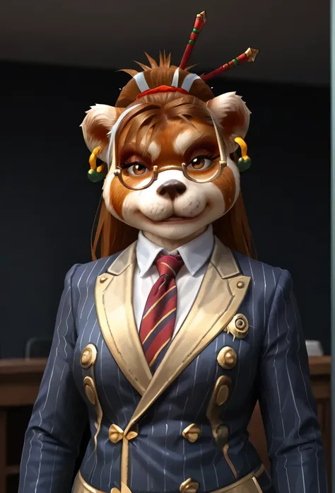score_9, score_8_up, score_7_up, score_6_up, score_5_up, score_4_up, 1girl, breasts, furry, animal ears, brown hair, brown eyes, earrings, jewelry, hair ornament, glasses, hair stick, double-breasted suits, 1girl, formal, jewelry, suit, red striped necktie...