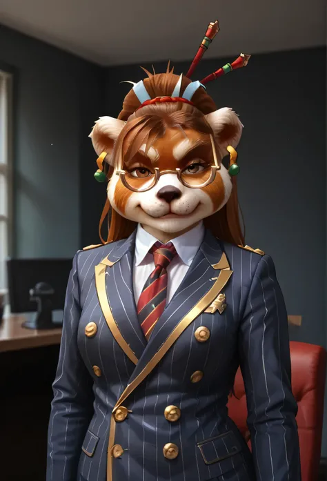 score_9, score_8_up, score_7_up, score_6_up, score_5_up, score_4_up, 1girl, breasts, furry, animal ears, brown hair, brown eyes, earrings, jewelry, hair ornament, glasses, hair stick, double-breasted suits, 1girl, formal, jewelry, suit, red striped necktie...