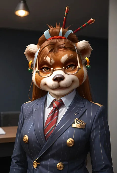 score_9, score_8_up, score_7_up, score_6_up, score_5_up, score_4_up, 1girl, breasts, furry, animal ears, brown hair, brown eyes, earrings, jewelry, hair ornament, glasses, hair stick, double-breasted suits, 1girl, formal, jewelry, suit, red striped necktie...