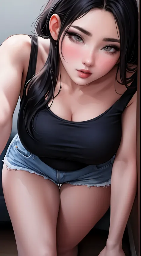 Close up shot of a sultry, stunning woman with a captivating gaze and flawless makeup, childhood best friend glowing up, accentuated by her black tank top and black short shorts, showcasing her alluring figure with thick thighs and wide hips, exuding a pro...