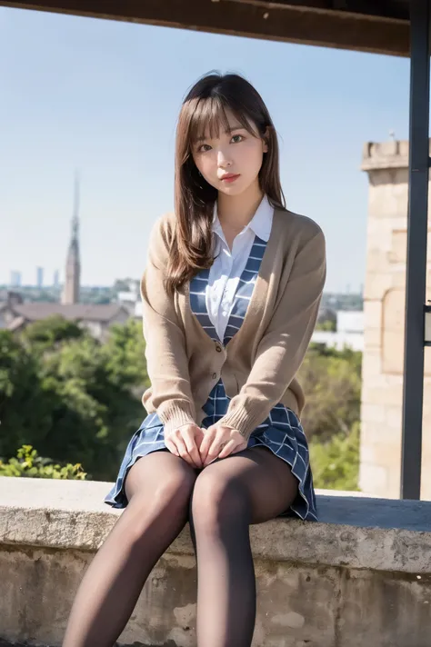 (((8k、High resolution、Best Quality、High resolution)))Alone、Natural body shape、White skin、Natural Makeup、((Black Hair、bangs、Straight Long Hair))、((()))、Sitting、(Sit at the top of the tower:1.4)、(())、(((((Full body photo)))))、(((Looking into the camera)))、((...