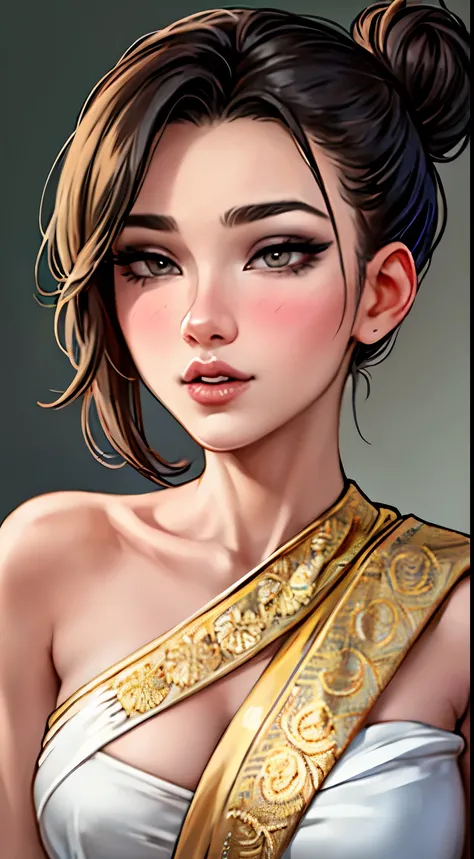 Amazing portrait of a sexy woman with her hair tied back in a low bun with her eyes emphasised by smokey eyeliner gazing at us seductively with her perfect lips parted wearing gold blouse and a white saree with gold embroidery