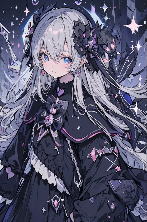 ((Upper body shot))、(1 Dark Magical Girl:1.5)、Black Magical Girl、(White Hair、Super long hair)、Ruffled Skirt、Black ribbon、butterfly々、Lots of black flowers、Black Feather、(Black Eyes、No light in my eyes)