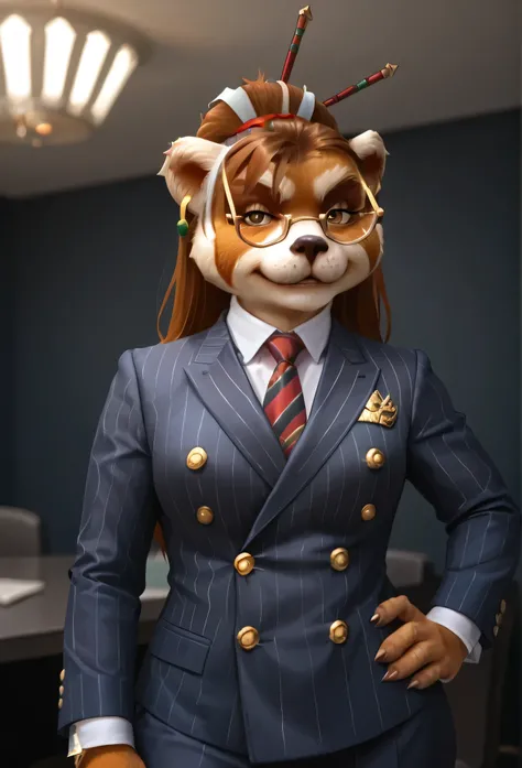 score_9, score_8_up, score_7_up, score_6_up, score_5_up, score_4_up, 1girl, breasts, furry, animal ears, brown hair, brown eyes, earrings, jewelry, hair ornament, glasses, hair stick, double-breasted suits, 1girl, formal, jewelry, suit, red striped necktie...