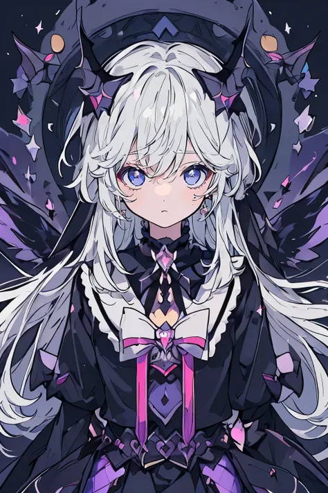 ((Upper body shot))、(1 Dark Magical Girl:1.5)、Black Magical Girl、(White Hair、Super long hair)、Ruffled Skirt、Black ribbon、butterfly々、Lots of black flowers、Black Feather、(Black Eyes、No light in my eyes)