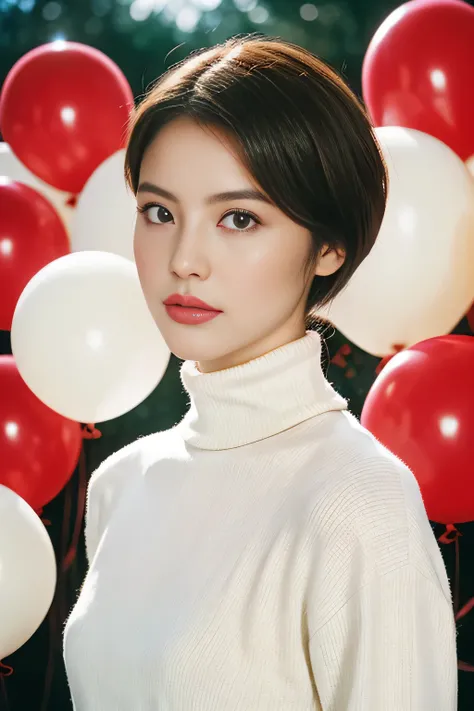 masterpiece, best quality, highly detailed background, perfect lightingbest quality,fashion portrait photo of beautiful young woman from the 60s wearing a red turtleneck standing in the middle of a ton of white balloons, taken on a hasselblad medium format...