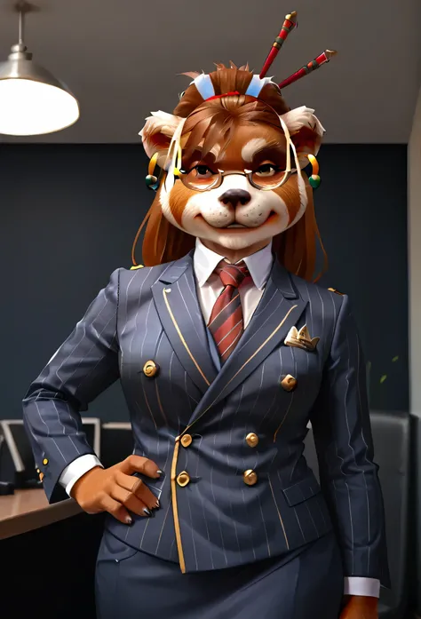score_9, score_8_up, score_7_up, score_6_up, score_5_up, score_4_up, 1girl, breasts, furry, animal ears, brown hair, brown eyes, earrings, jewelry, hair ornament, glasses, hair stick, double-breasted suits, skirt, 1girl, formal, jewelry, suit, red striped ...