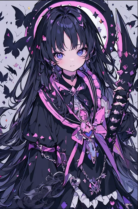 ((Upper body shot))、(1 Dark Magical Girl:1.5)、Black Magical Girl、(Black Hair、Super long hair)、Ruffled Skirt、Black ribbon、butterfly々、Lots of black flowers、Black Feather、(Jet Black Eyes、No light in my eyes)、Suspicious Smile