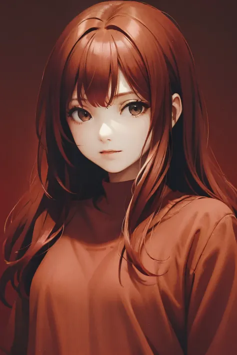 One girl, (Red Theme:1.4), Red Hair, Red background, 