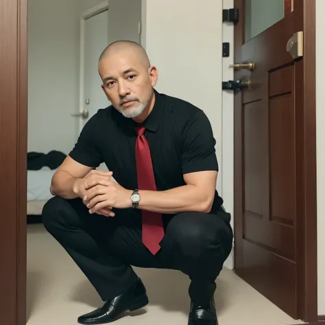 50 year old father,One Man、Buzz cut。Black Shirt、Red tie、black slim pants、bedroom、In front of the door、Squat with your legs apart,muscular。Very short Buzz cut、Asian Face　Stubble、Gay、The crotch area is bulging　father　　front　　Old man　　Buzz cut　Father　View fro...