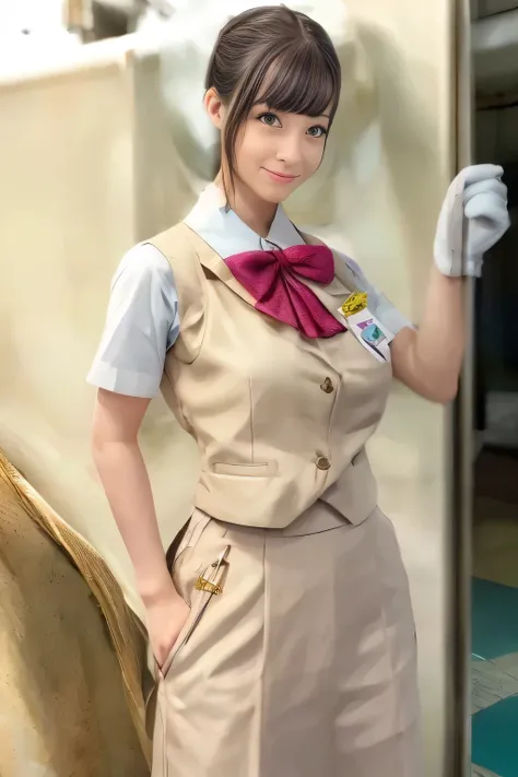 (masterpiece:1.2, Best Quality:1.2), 32K HDR, High resolution, (Alone、1 girl)、（On the roof of a building during the day、Professional Lighting）、Building rooftop background、（Real style of JR Woman wearing train crew uniform beige）、（（JR Female Train Crew Unif...