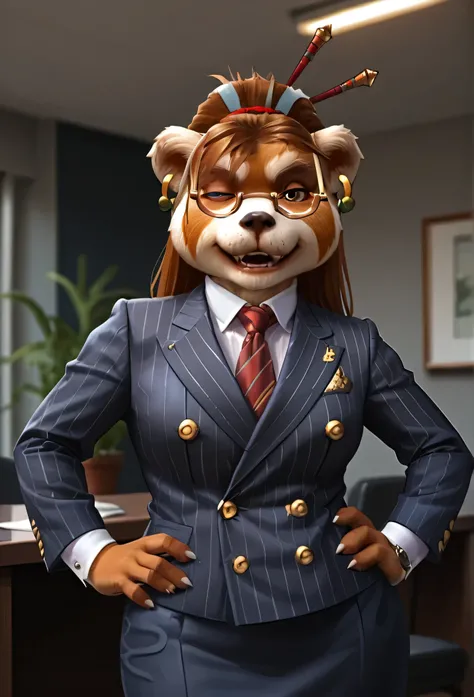 score_9, score_8_up, score_7_up, score_6_up, score_5_up, score_4_up, 1girl, breasts, furry, animal ears, brown hair, brown eyes, earrings, jewelry, hair ornament, glasses, hair stick, double-breasted suits, skirt, 1girl, formal, jewelry, suit, red striped ...